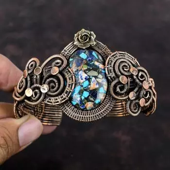 Медный браслет-манжета с разноцветной бирюзой Медная проволока Браслет Ювелирные изделия из драгоценных камней Регулируемый браслет Для подарка Браслет ручной работы Цветочный браслет