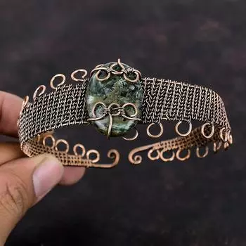 Медный браслет-манжета с серафинитом, медная проволока, браслет с драгоценными камнями, медные украшения, регулируемая манжета, проволочная обмотка ручной работы, ювелирный подарок для него