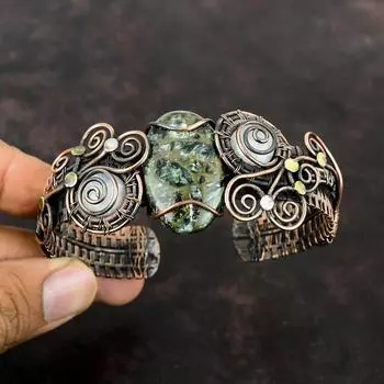 Медный браслет-манжета с серафинитом, медная проволока, браслет с драгоценными камнями, браслет с радужным лунным камнем, регулируемая манжета, ювелирные изделия ручной работы, подарок для нее