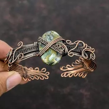 Медный браслет-манжета с серафинитом, медная проволока, регулируемый браслет, драгоценный камень, медные украшения, манжеты ручной работы, проволочная обмотка, ювелирный подарок для него