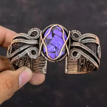 Медный браслет с чароитом Медная проволока Браслет с драгоценным камнем Регулируемый браслет-манжета Браслет ручной работы Медные украшения Подарок для него Уникальные манжеты