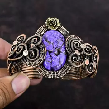 Медный браслет с чароитом, медный браслет, обернутый проволокой, регулируемый браслет-манжета, натуральный драгоценный камень, медные ювелирные изделия, подарок для него, манжета с цветком ручной работы