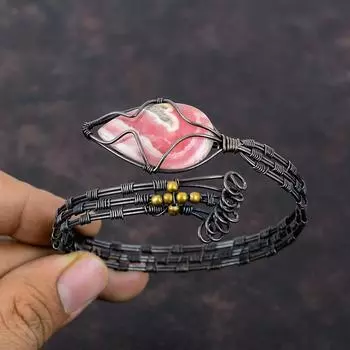 Медный браслет с родохрозитом, браслет-манжета, обернутый проволокой, регулируемый браслет, ювелирные изделия ручной работы, браслет с драгоценными камнями, браслет из медной проволоки, ювелирные изделия для подарка