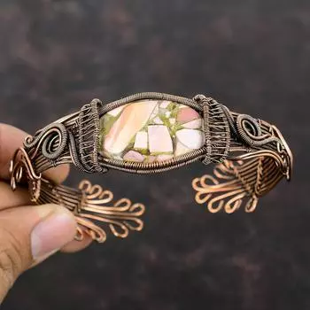 Медный браслет с розовым опалом, браслет-манжета из медной проволоки, регулируемый браслет, браслет из проволочной обмотки, ювелирные изделия, браслет с драгоценными камнями, подарок для мамы, браслет ручной работы