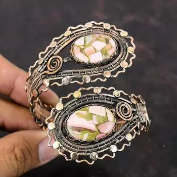 Медный браслет с розовым опалом, медная проволока, браслет-манжета с драгоценным камнем, регулируемый браслет, ювелирные изделия ручной работы, подарок на годовщину, ювелирные изделия из медной проволоки