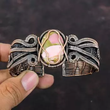 Медный браслет с розовым опалом, медная проволока, браслет-манжета с драгоценным камнем, регулируемый браслет, медный ювелирный подарок для мамы, новый браслет ручной работы