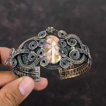 Медный браслет с розовым опалом Медная проволока Браслет-манжета Регулируемый браслет Манжета из драгоценного камня Браслет ручной работы Медные украшения Подарки на помолвку