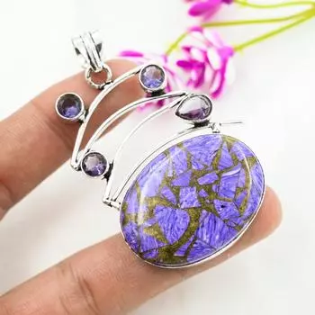 Медный чароит, аметистовый кулон с драгоценными камнями, 925 пробы кулон из цельного серебра, подарок для женщин, кулон ручной работы 2.48 Inches фиолетовый