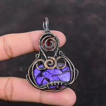 Медный чароит, драгоценный камень, медная проволока, обернутая ювелирными изделиями, кулон ручной работы, медный кулон, ювелирные изделия с камнем, проволочная подвеска для подарка