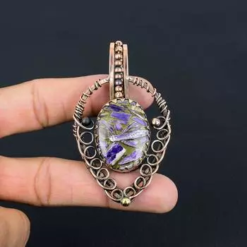 Медный чароит, драгоценный камень, подвеска ручной работы из чистой медной проволоки, обернутая ювелирным изделием 2.95 Inches синий