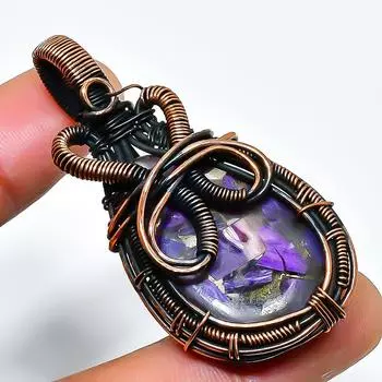 Медный чароит драгоценный камень, ручная работа, медная проволочная подвеска 2,17 дюйма 2.17 фиолетовый