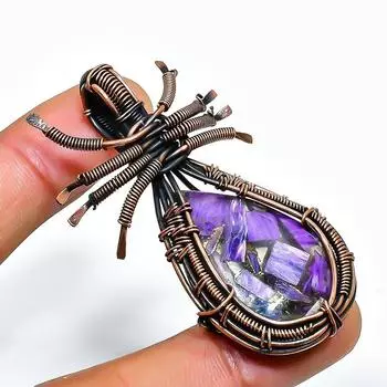 Медный чароит драгоценный камень, ручная работа, медная проволочная подвеска 2,17 дюйма 2.17 фиолетовый