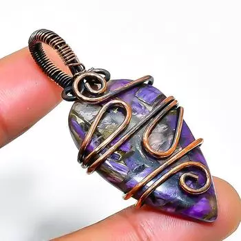 Медный чароит драгоценный камень, ручная работа, медная проволочная подвеска 2,17 дюйма 2.17 фиолетовый