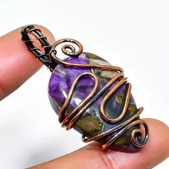 Медный чароит драгоценный камень, ручная работа, медная проволочная обертка, кулон 1,38 дюйма 1.38 фиолетовый