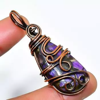Медный чароит драгоценный камень, ручная работа, медная проволочная подвеска 2,17 дюйма 2.17 фиолетовый