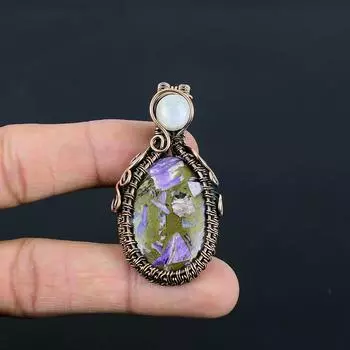 Медный чароит и лунный камень, драгоценный камень, подвеска ручной работы из чистой медной проволоки, ювелирное изделие 2.56 Inches фиолетовый