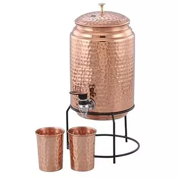 Медный диспенсер для воды на 5 литров с подставкой и 2 стаканами с кованой текстурой, нержавеющий и прочный | с дополнительной пользой для здоровья меди