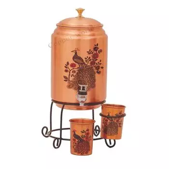 Медный диспенсер для воды с подставкой и 1 медным стаканом - 5000 мл