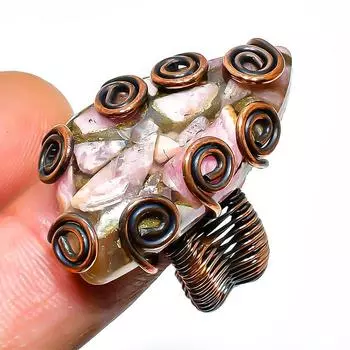 Медный драгоценный камень родохрозит, медная проволока, ювелирное кольцо, размер 10