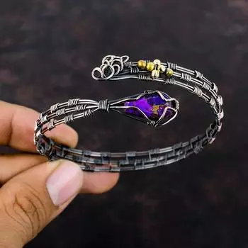 Медный Фиолетовый Бирюзовый Браслет Медная Проволока Браслет Манжета Браслет Драгоценный Камень Медные Ювелирные Изделия Регулируемый Браслет Ювелирные Изделия Из Проволоки Ручной Работы