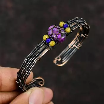 Медный Фиолетовый Бирюзовый Браслет Желтый Коралл и Лазурит Бусы Манжеты Медная проволока Ювелирные Изделия Регулируемый Браслет Драгоценный Камень Манжета Ручной Работы