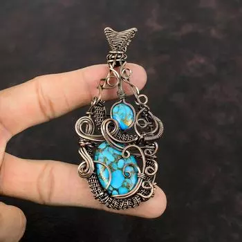 Медный голубой бирюзовый кулон, медная проволока, обернутая драгоценным камнем, медный ювелирный дизайнерский кулон, ювелирные изделия ручной работы, уникальный кулон для подарка