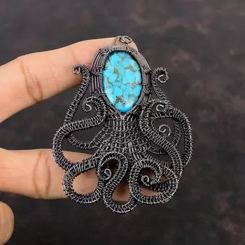 Медный голубой бирюзовый кулон, медная проволока, обернутая кулоном, осьминогом, драгоценным камнем, медные украшения ручной работы, кулон с камнем по дате рождения, подарок для женщин