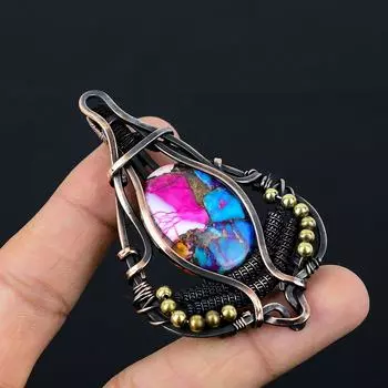 Медный колючий устричный драгоценный камень Чистая медная проволока, обернутая дизайнерской подвеской ручной работы 2.95 Inches синий