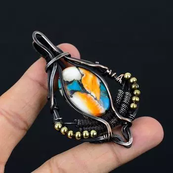 Медный колючий устричный драгоценный камень Чистая медная проволока, обернутая дизайнерской подвеской ручной работы, ювелирные изделия для нее 2.99 Inches синий