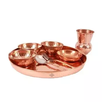 Медный кованый дизайн, набор из 8 предметов/набор тхали из 1 тхали, 1 стакана, 1 ложки, 1 вилки, 3 мисок и 1 маленькой тарелки, столовой посуды, столовой посуды или посуды