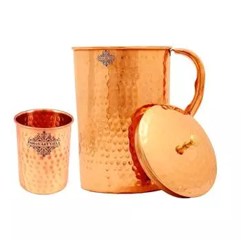 Медный кованый набор из 1 кувшина-кувшина емкостью 2,1 литра с 1 стаканом емкостью 250 мл - для хранения питьевой воды. Домашний отель, ресторан. Посуда. Посуда.
