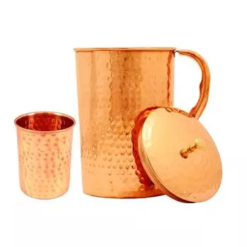 Медный кованый набор из 1 кувшина-кувшина емкостью 2,1 литра с 1 стаканом емкостью 250 мл - для хранения питьевой воды. Домашний отель, ресторан. Посуда. Посуда.