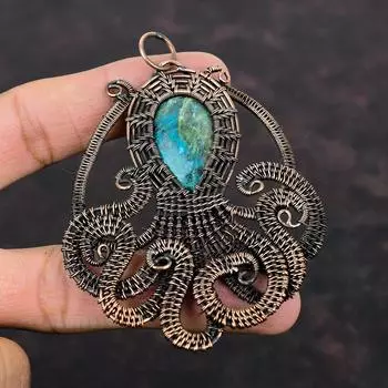 Медный кулон из хризоколлы Медная проволока Ювелирные изделия Изысканный кулон ручной работы Подарок на помолвку Драгоценный камень Ювелирные изделия из осьминога Проволочный кулон