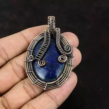 Медный кулон из лазурита, медная проволока, кулон, ювелирные изделия из лазурита, дизайнерский кулон ручной работы, подарок для нее, ювелирные изделия из натуральных драгоценных камней