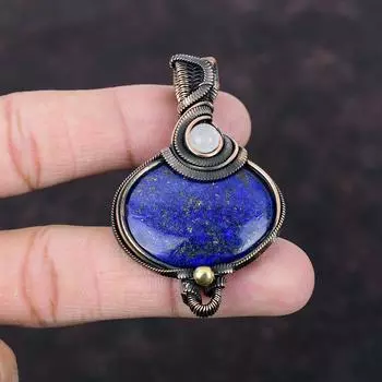 Медный кулон из лазурита Радужный кулон из лунного камня Кулон из медной проволоки Ювелирные изделия ручной работы Подвеска из настоящего драгоценного камня Ювелирные изделия из медной проволоки