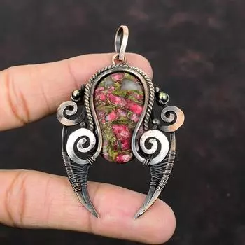 Медный кулон из тулита, кулон из медной проволоки, кулон из натурального драгоценного камня, очень красивые медные украшения, ювелирные изделия из тулита ручной работы, подарок для него