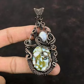 Медный кулон Ларимар Кулон из медной проволоки Радужный кулон с лунным камнем Медная проволока Ювелирный подарок Подарок для него Ювелирные изделия ручной работы из драгоценных камней