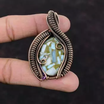 Медный кулон Ларимар Медная проволока Обернутый кулон Медные украшения ручной работы Последний дизайн Кулон Проволочная обертка Ювелирные изделия Подвеска из драгоценного камня для подарка