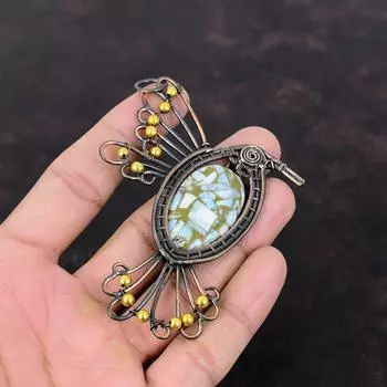 Медный кулон-ларимар, обернутый медной проволокой, кулон с драгоценным камнем. Изысканные медные украшения, кулон-птица. Кулон ручной работы. Ларимар. Ювелирный подарок для нее.