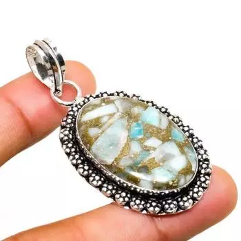 Медный кулон ручной работы с драгоценным камнем Ларимар, посеребренный 925 пробы, 2,08 дюйма 2.08 синий