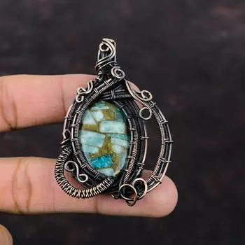 Медный кулон с амазонитом, кулон из медной проволоки, натуральный драгоценный камень, кулон ручной работы, ювелирные изделия из медной проволоки, элегантный кулон, подарок для него