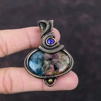 Медный кулон с арбузным турмалином, медная проволочная подвеска, лазуритовая подвеска, драгоценный камень, медные украшения, подарок для мамы, подвеска ручной работы