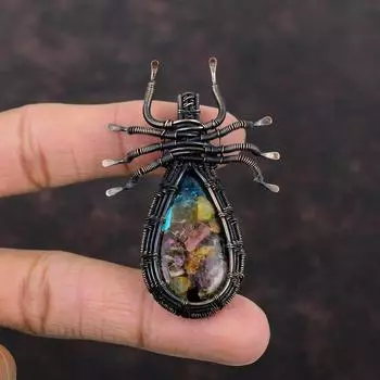 Медный кулон с арбузом и турмалином, кулон из медной проволоки, уникальный кулон-паук, драгоценный камень, медный ювелирный подарок для мамы, кулон ручной работы