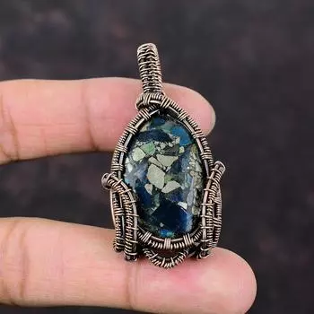 Медный кулон с азуритом и малахитом, кулон из медной проволоки, кулон ручной работы с азуритом и малахитом, кулон с драгоценным камнем, подарок для нее, ювелирные изделия из проволоки