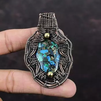 Медный кулон с азуритом и малахитом, медная проволока, кулон с драгоценным камнем, медные украшения, кулон ручной работы, кулон с азуритом и малахитом, подарок для него