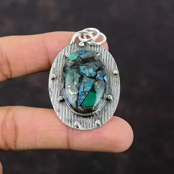 Медный кулон с азуритом и малахитом. Замечательные ювелирные изделия из драгоценных камней. Кулон из стерлингового серебра 925 пробы. Уникальный ювелирный подарок ручной работы для ее антикварного кулона.