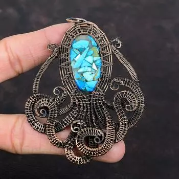 Медный кулон с бирюзой из Аризоны, медная проволока, кулон с драгоценным камнем, медный осьминог, ювелирные изделия, кулон ручной работы, ювелирные изделия в проволочной упаковке для подарка
