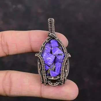 Медный кулон с чароитом Кулон из медной проволоки Кулон из натурального драгоценного камня Ювелирные изделия с чароитом Кулон ручной работы Ювелирные изделия из медной проволоки для подарка