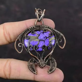 Медный кулон с чароитом Медная проволока Кулон Подвеска в виде черепахи Медные украшения Ручная работа Обернутая проволокой Ювелирные изделия с драгоценными камнями Подарок на годовщину
