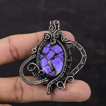 Медный кулон с чароитом Медная проволока Кулон Драгоценный камень Медные украшения Изысканный кулон ручной работы Ювелирные изделия в проволочной обертке Кулон в стиле бохо